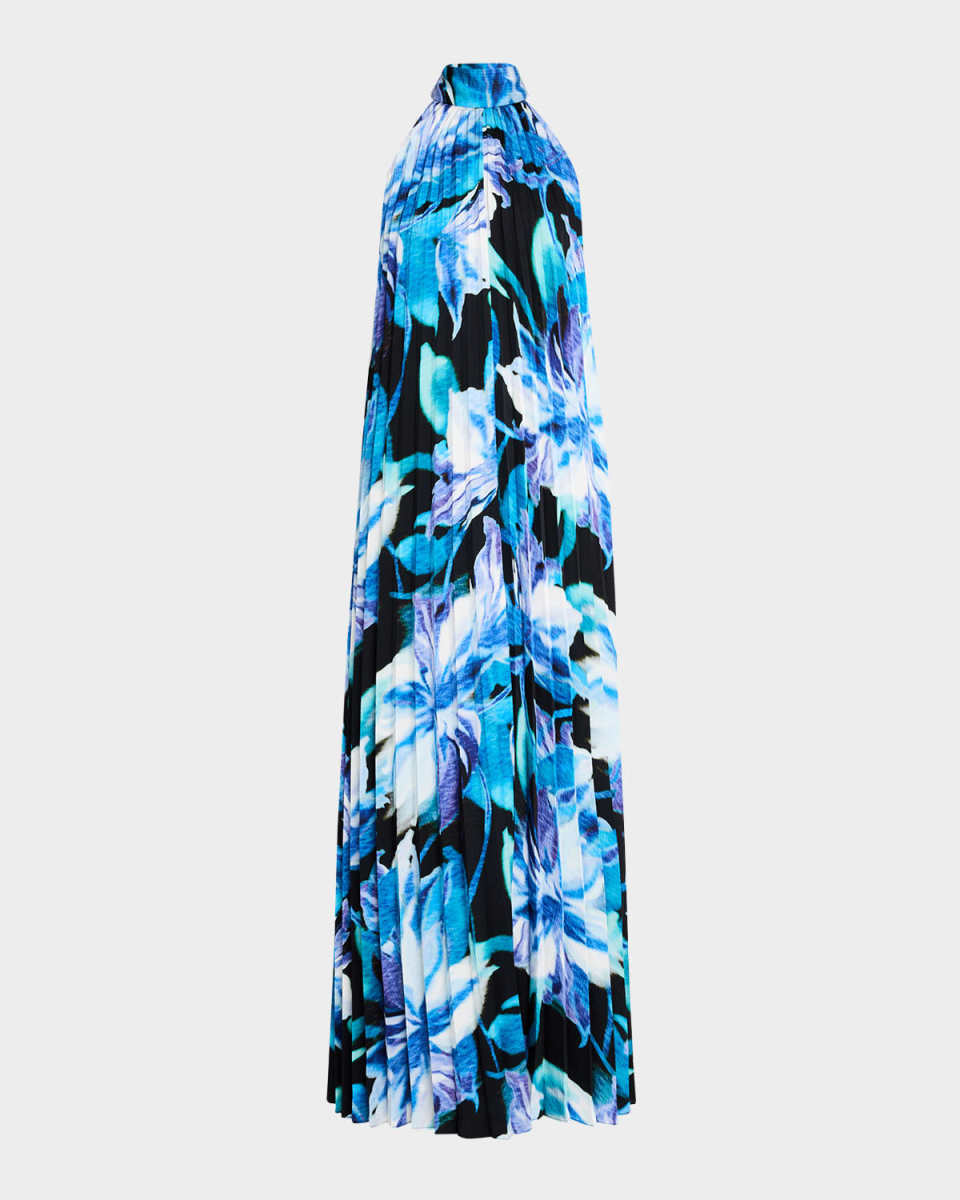 Pleated Floral-Print Halter Maxi Dress